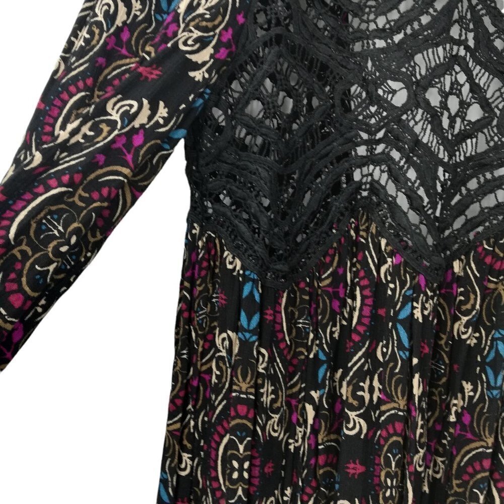 Free People Boho Lace Tunic Mini Dress Size XS Sheer Open Back Long Sleeve Black - Picture 5 of 13